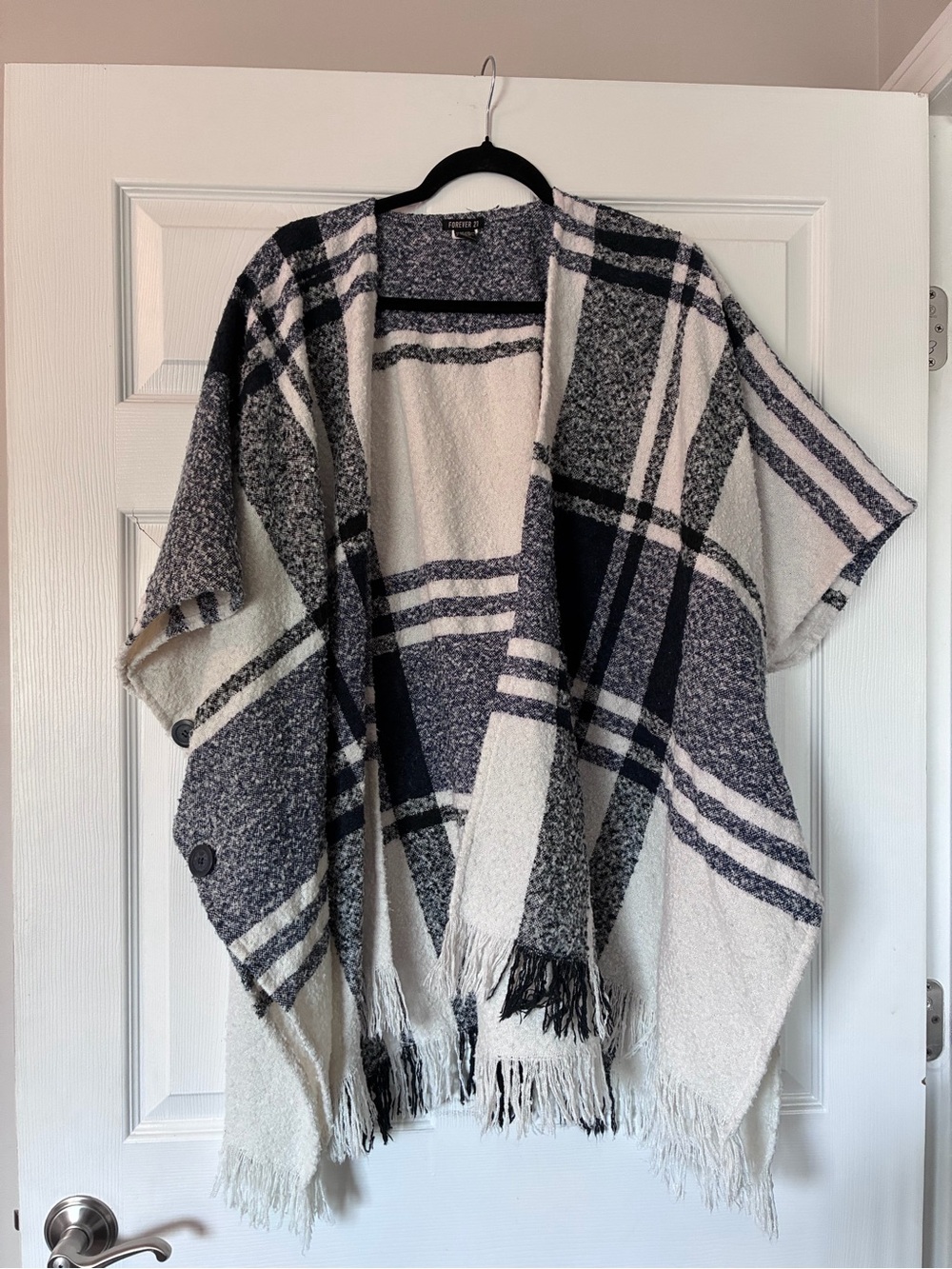 Forever 21 Black and White Plaid Fringe Open-Front Poncho